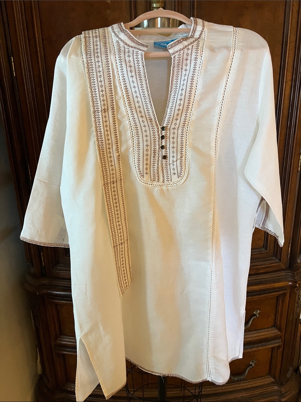 blue island Cream Embroidered Casual Button Down Shirt
